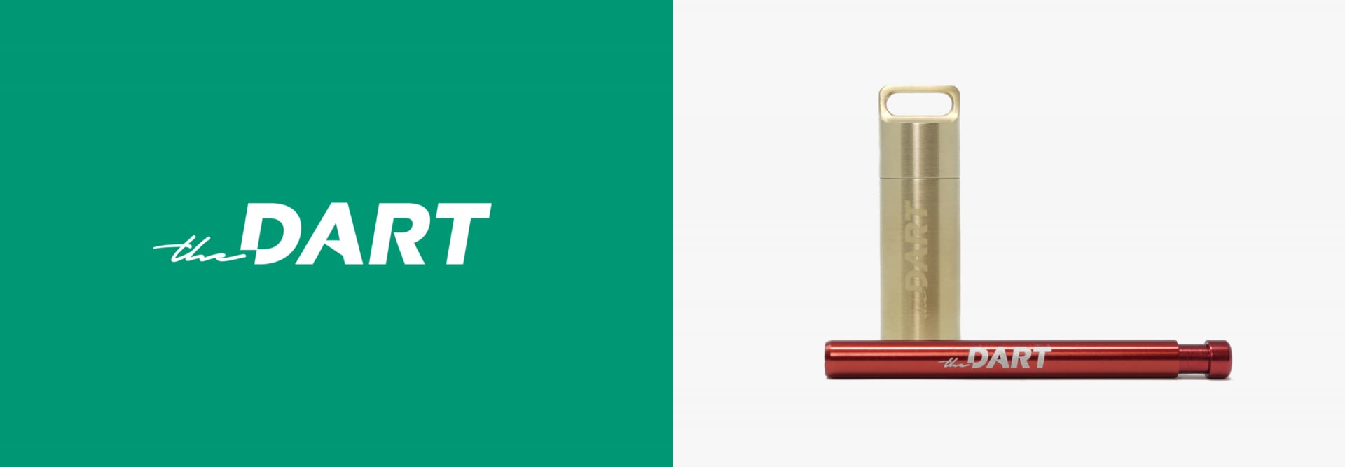 The Dart logo on emerald green and product photography