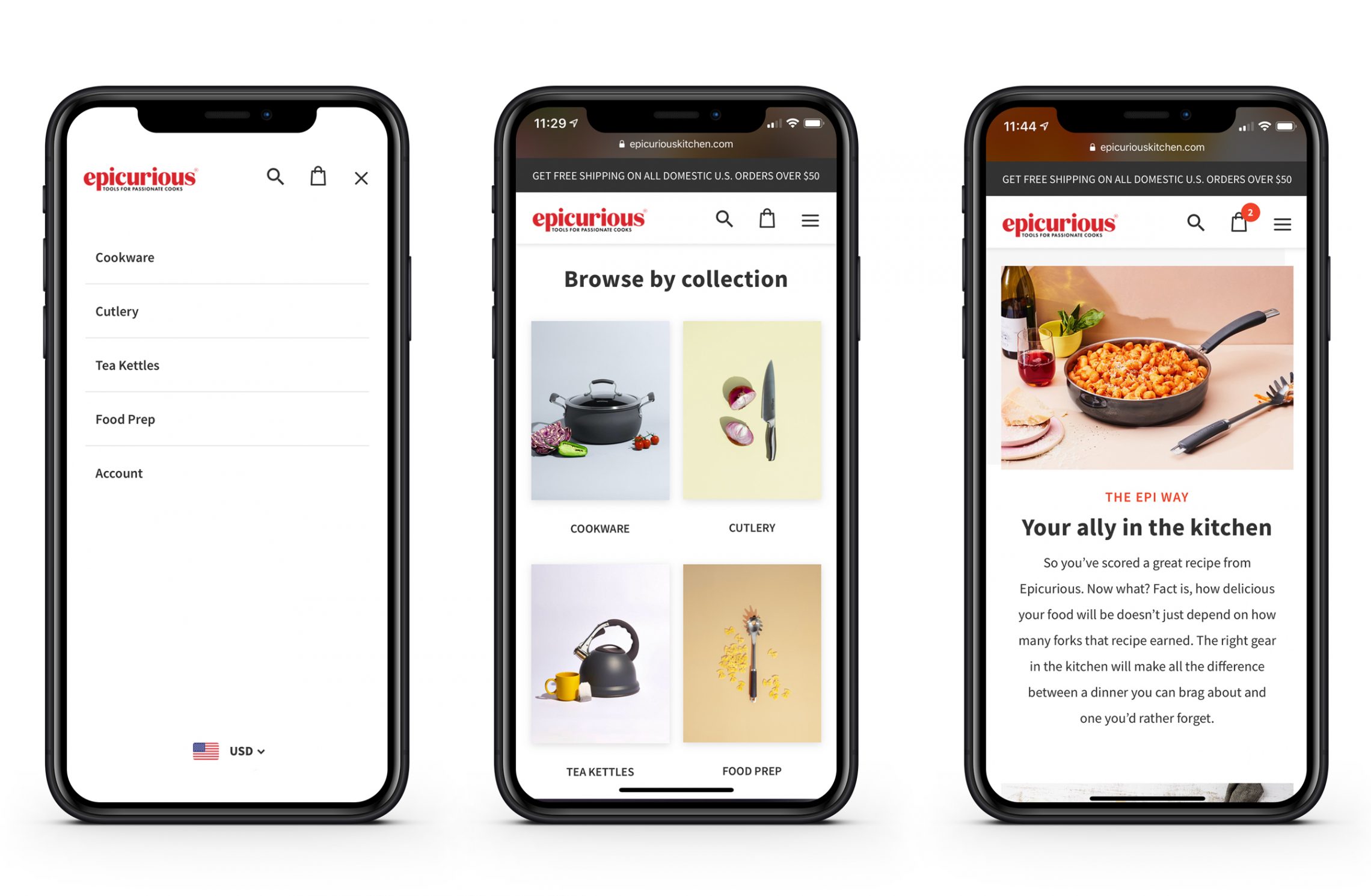 Epicurious mobile — menu, browse by collection, and editorial story