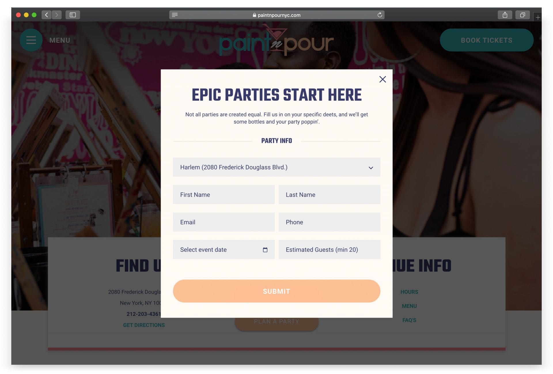 Plan a party booking pop-up