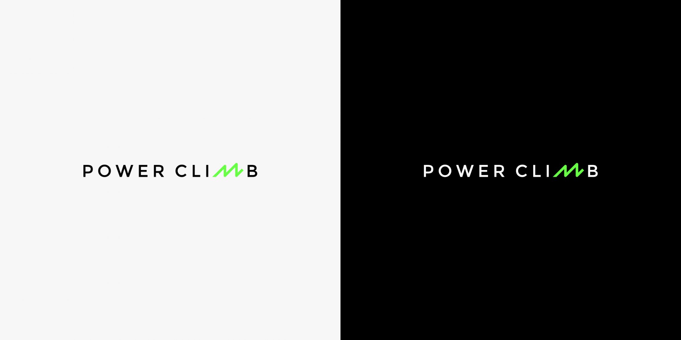 Power Climb wordmark — on light and dark backgrounds