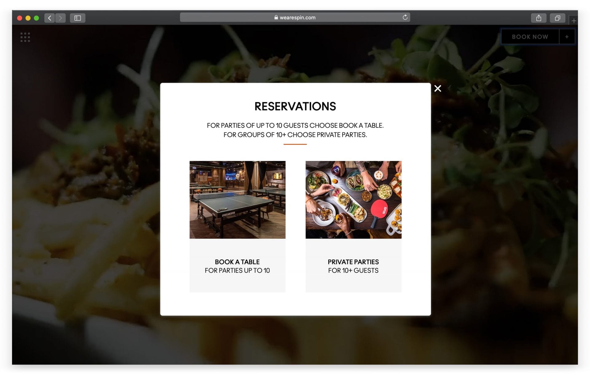 SPiN reservations pop-up — book a table or private parties